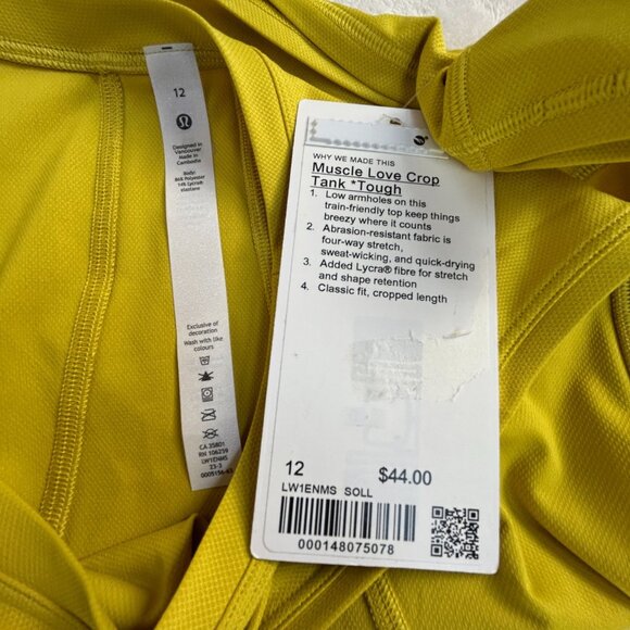 Lululemon Womens Muscle Love Crop Tank Top Size 12 Yellow Stretch Active New - Picture 3 of 6
